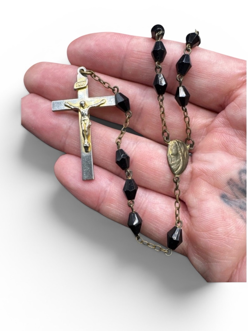 Antique Early 1900s Black Czech Glass Silver Rosary Crucifix Lariat Necklace